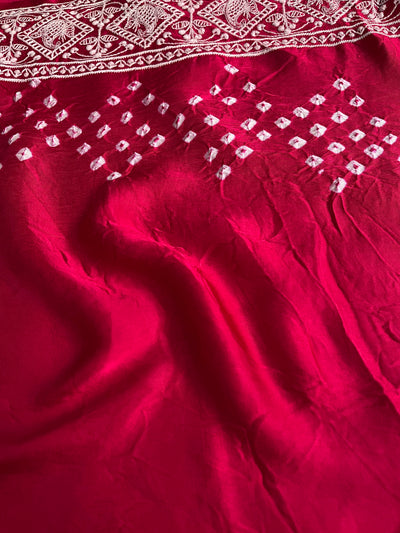 SAANJH: Handmade Bandhani Modal Silk Saree With Thread Embroidery Work