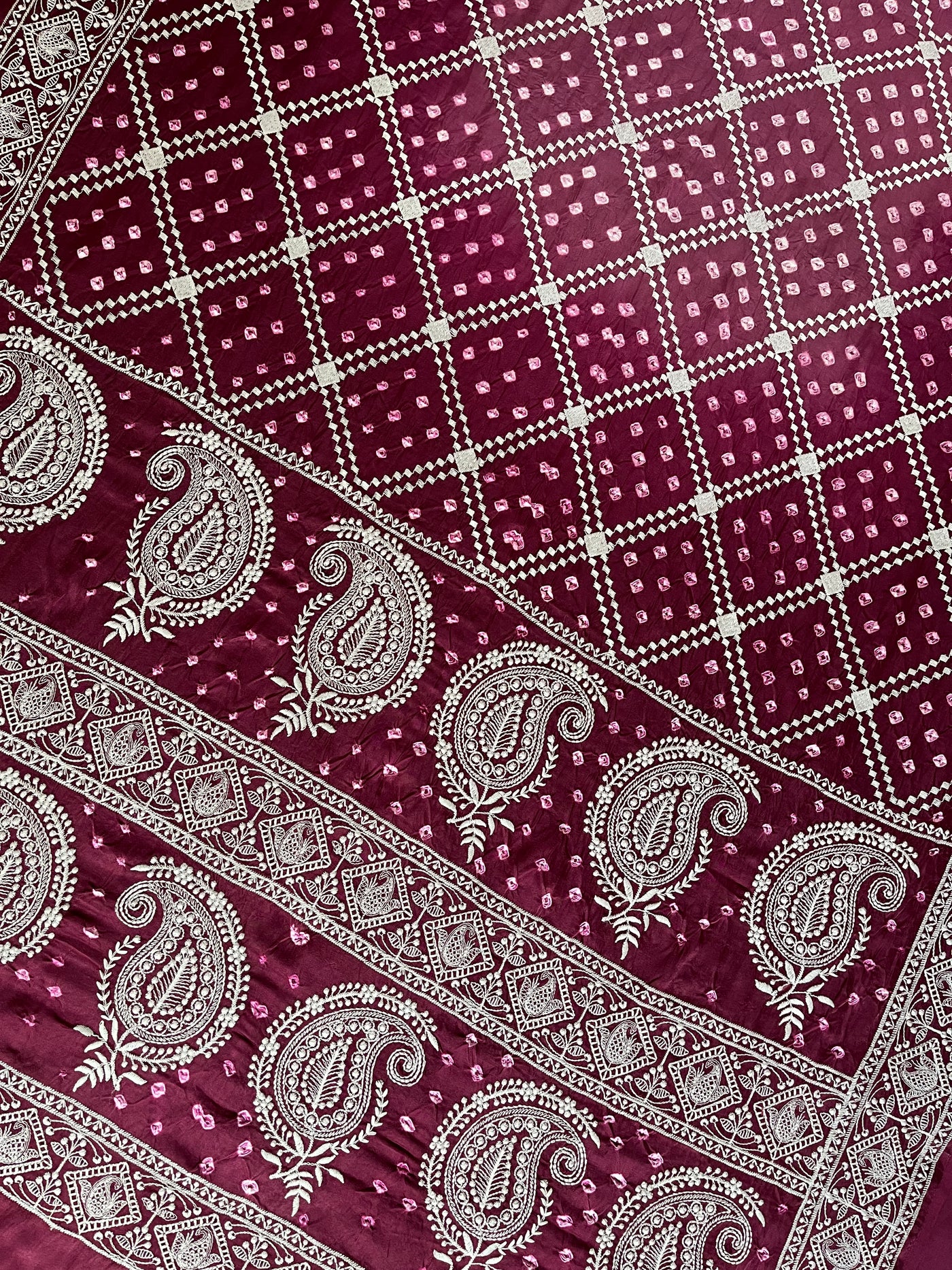 TRISHA: Handmade Bandhani Modal Silk Saree With Thread Embroidery Work