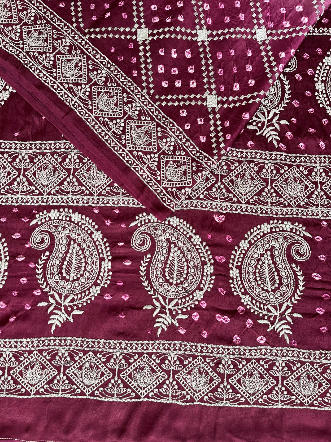 TRISHA: Handmade Bandhani Modal Silk Saree With Thread Embroidery Work