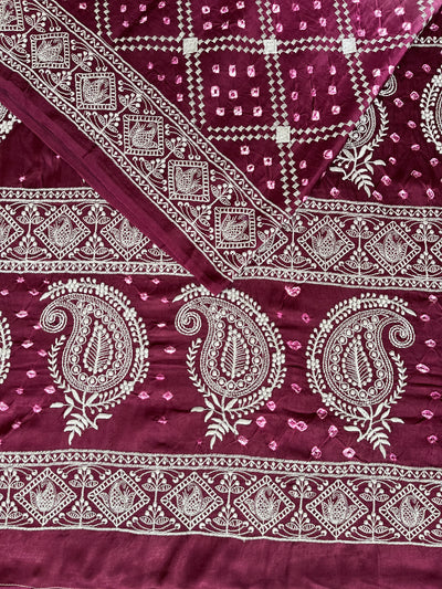 TRISHA: Handmade Bandhani Modal Silk Saree With Thread Embroidery Work