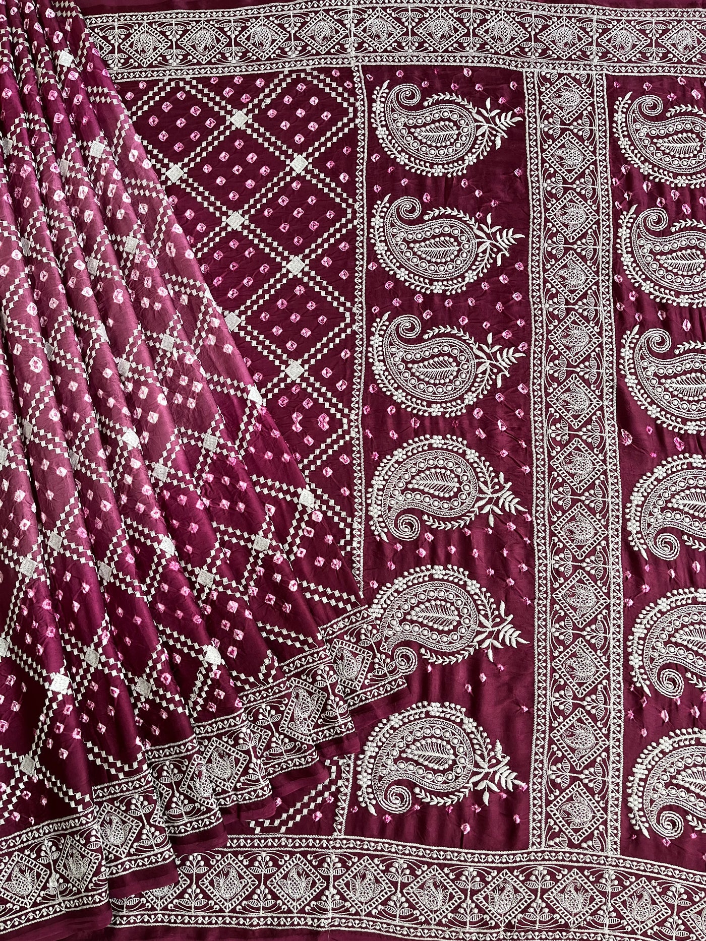 TRISHA: Handmade Bandhani Modal Silk Saree With Thread Embroidery Work