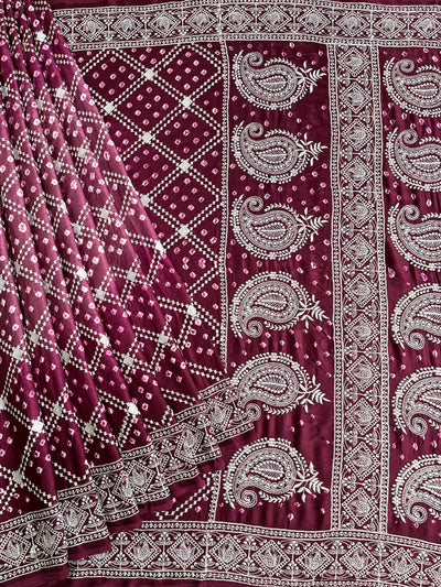 TRISHA: Handmade Bandhani Modal Silk Saree With Thread Embroidery Work