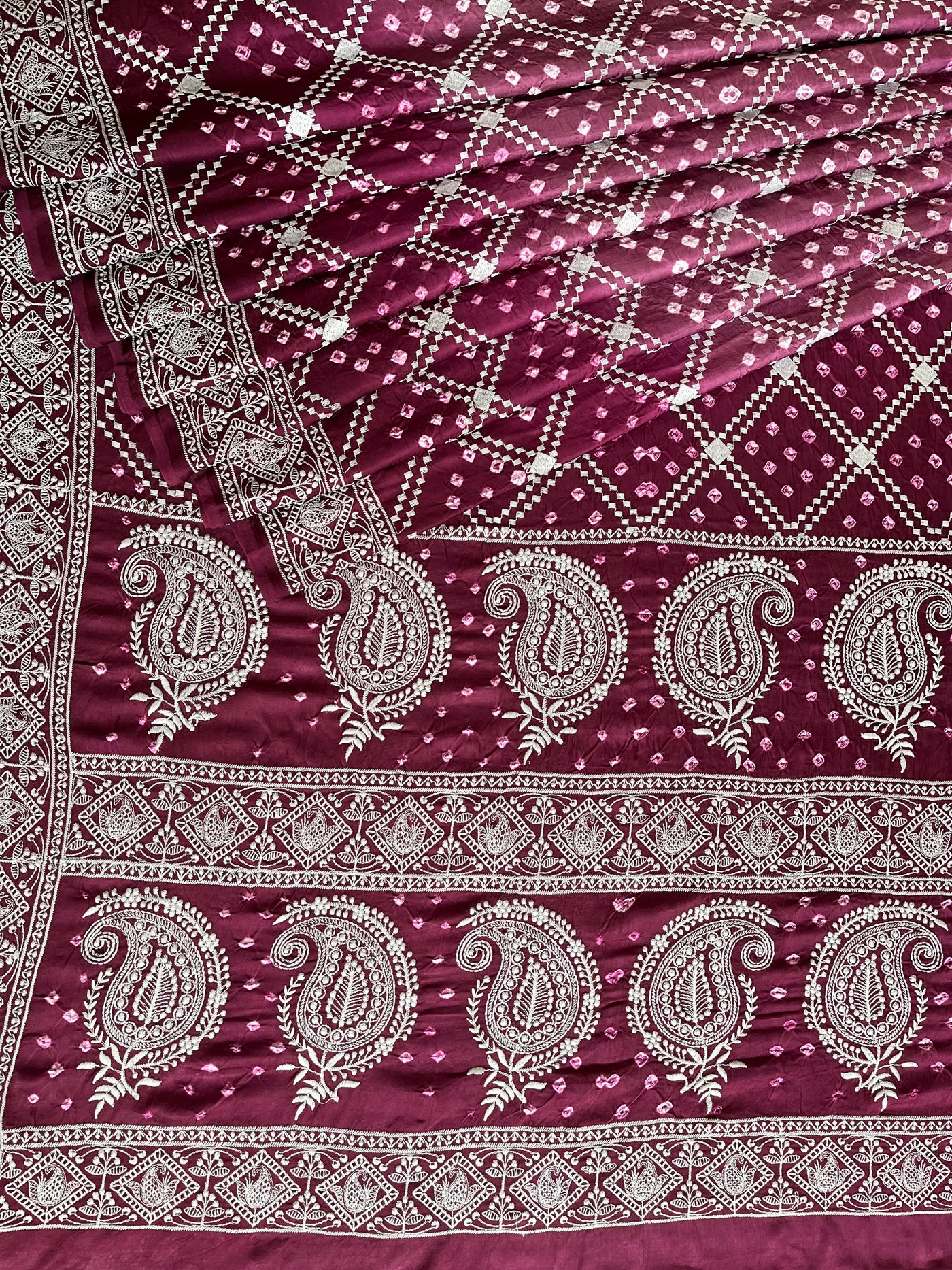 TRISHA: Handmade Bandhani Modal Silk Saree With Thread Embroidery Work