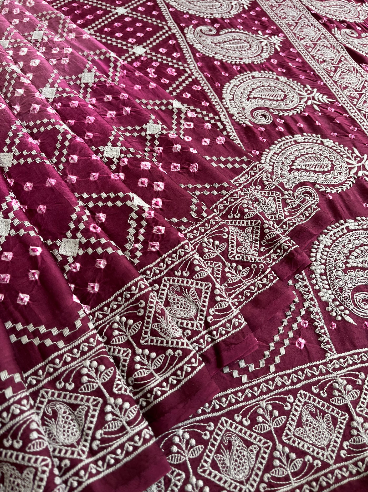 TRISHA: Handmade Bandhani Modal Silk Saree With Thread Embroidery Work