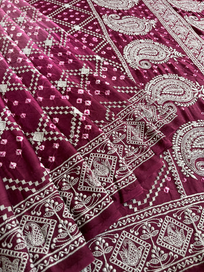 TRISHA: Handmade Bandhani Modal Silk Saree With Thread Embroidery Work