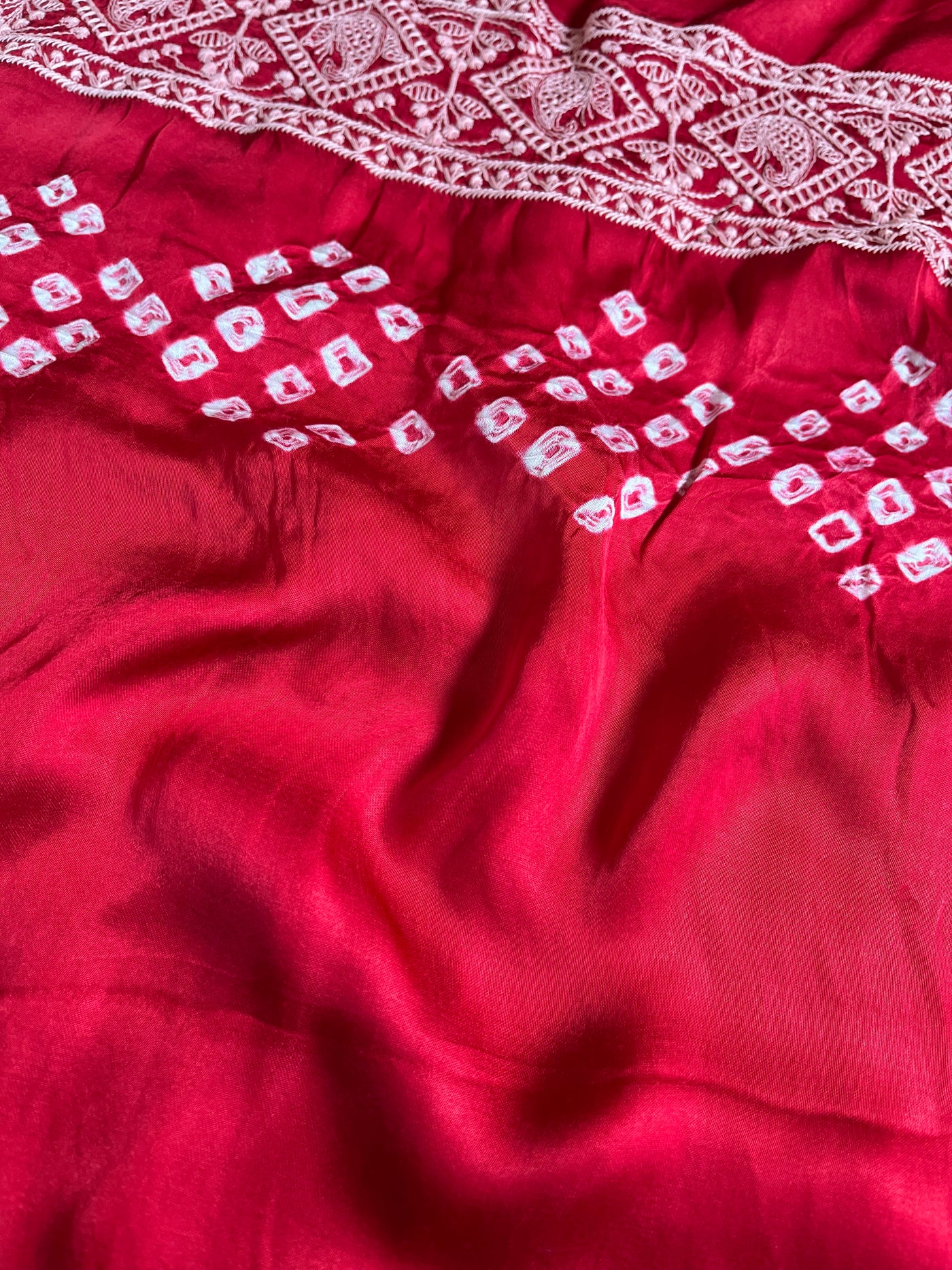 SHRAVI: Handmade Bandhani Modal Silk Saree With Thread Embroidery Work