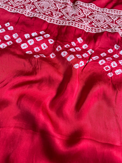 SHRAVI: Handmade Bandhani Modal Silk Saree With Thread Embroidery Work
