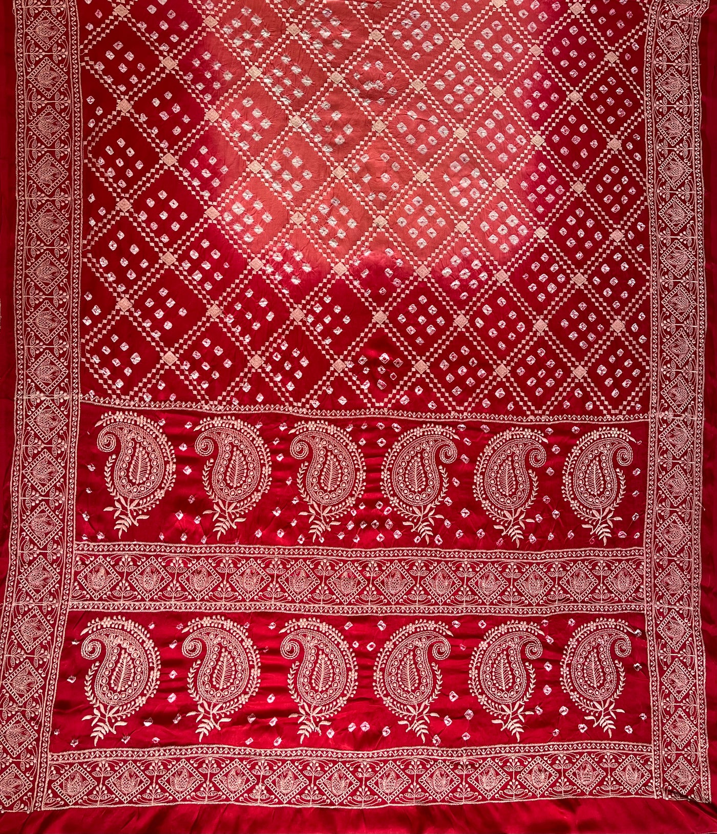 SHRAVI: Handmade Bandhani Modal Silk Saree With Thread Embroidery Work