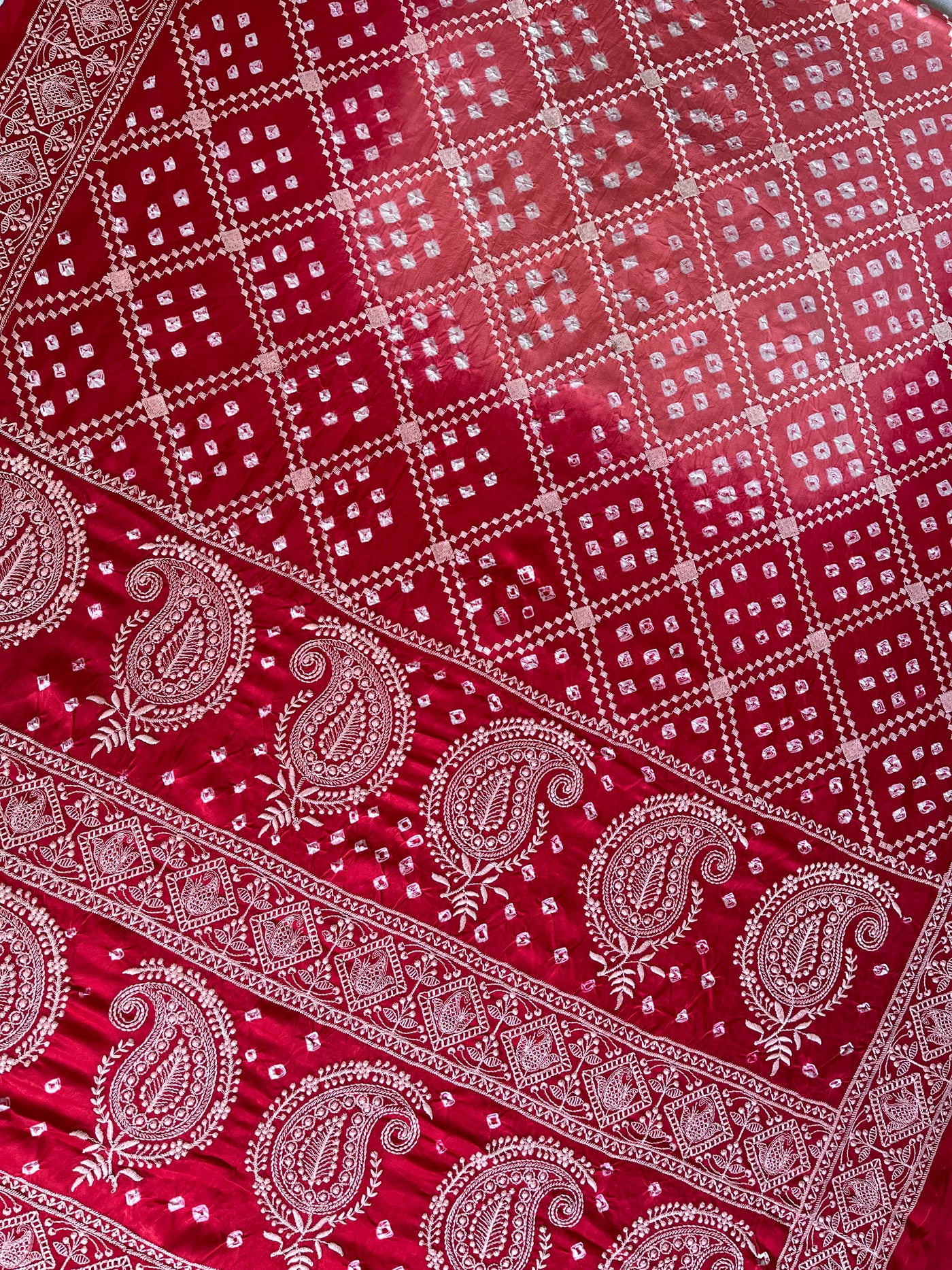 SHRAVI: Handmade Bandhani Modal Silk Saree With Thread Embroidery Work