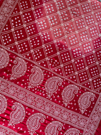 SHRAVI: Handmade Bandhani Modal Silk Saree With Thread Embroidery Work