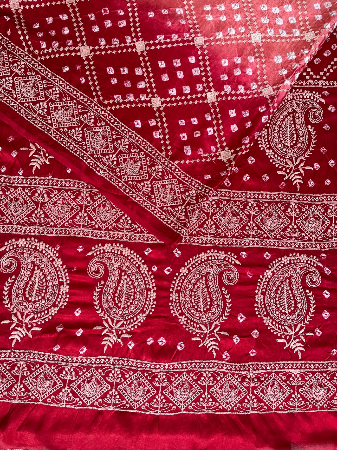 SHRAVI: Handmade Bandhani Modal Silk Saree With Thread Embroidery Work
