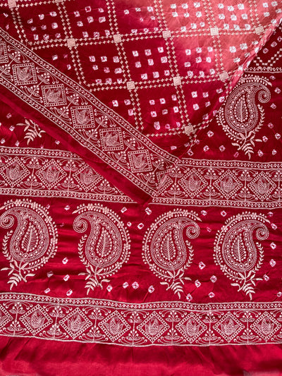 SHRAVI: Handmade Bandhani Modal Silk Saree With Thread Embroidery Work