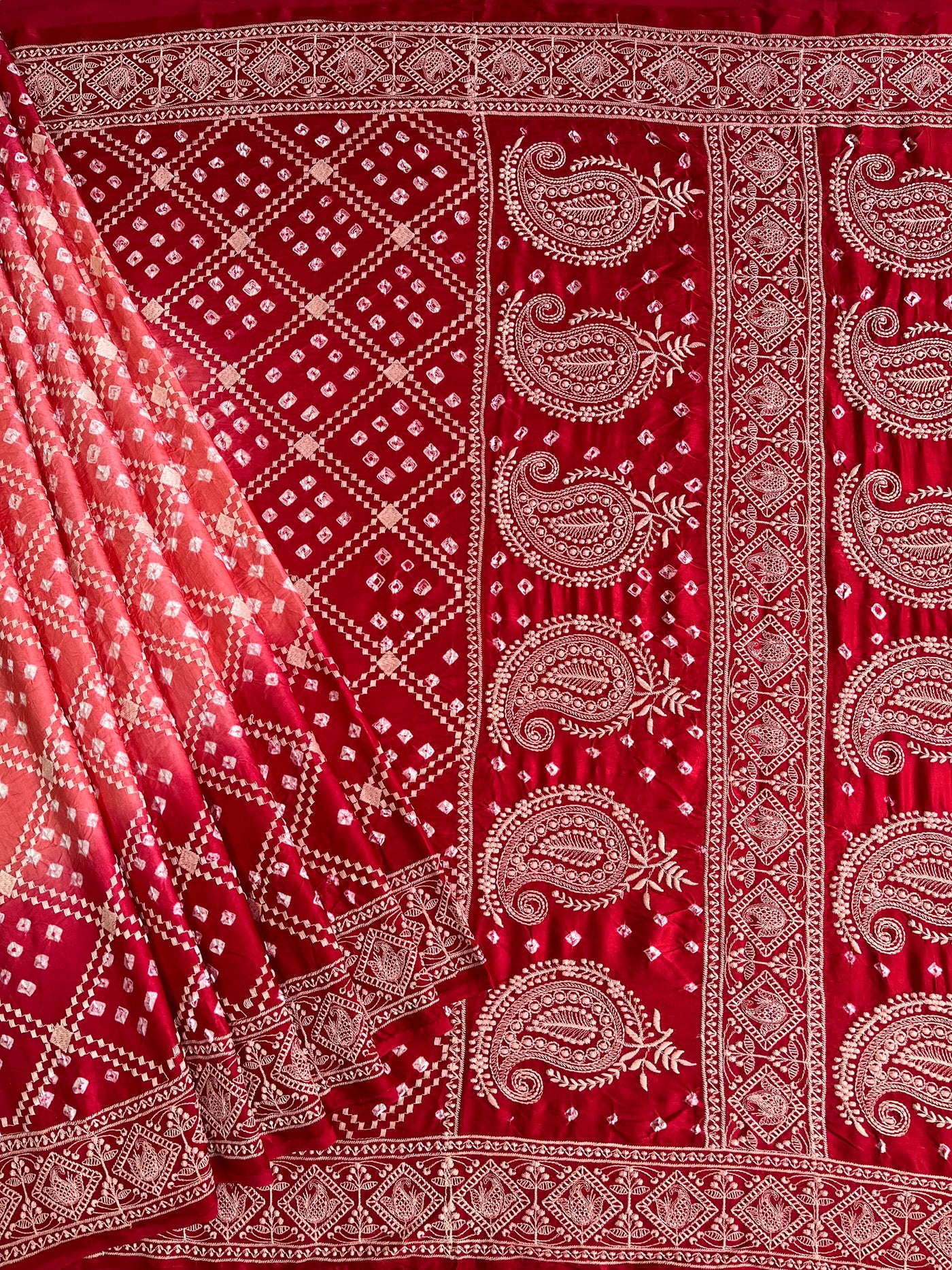 SHRAVI: Handmade Bandhani Modal Silk Saree With Thread Embroidery Work