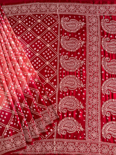 SHRAVI: Handmade Bandhani Modal Silk Saree With Thread Embroidery Work