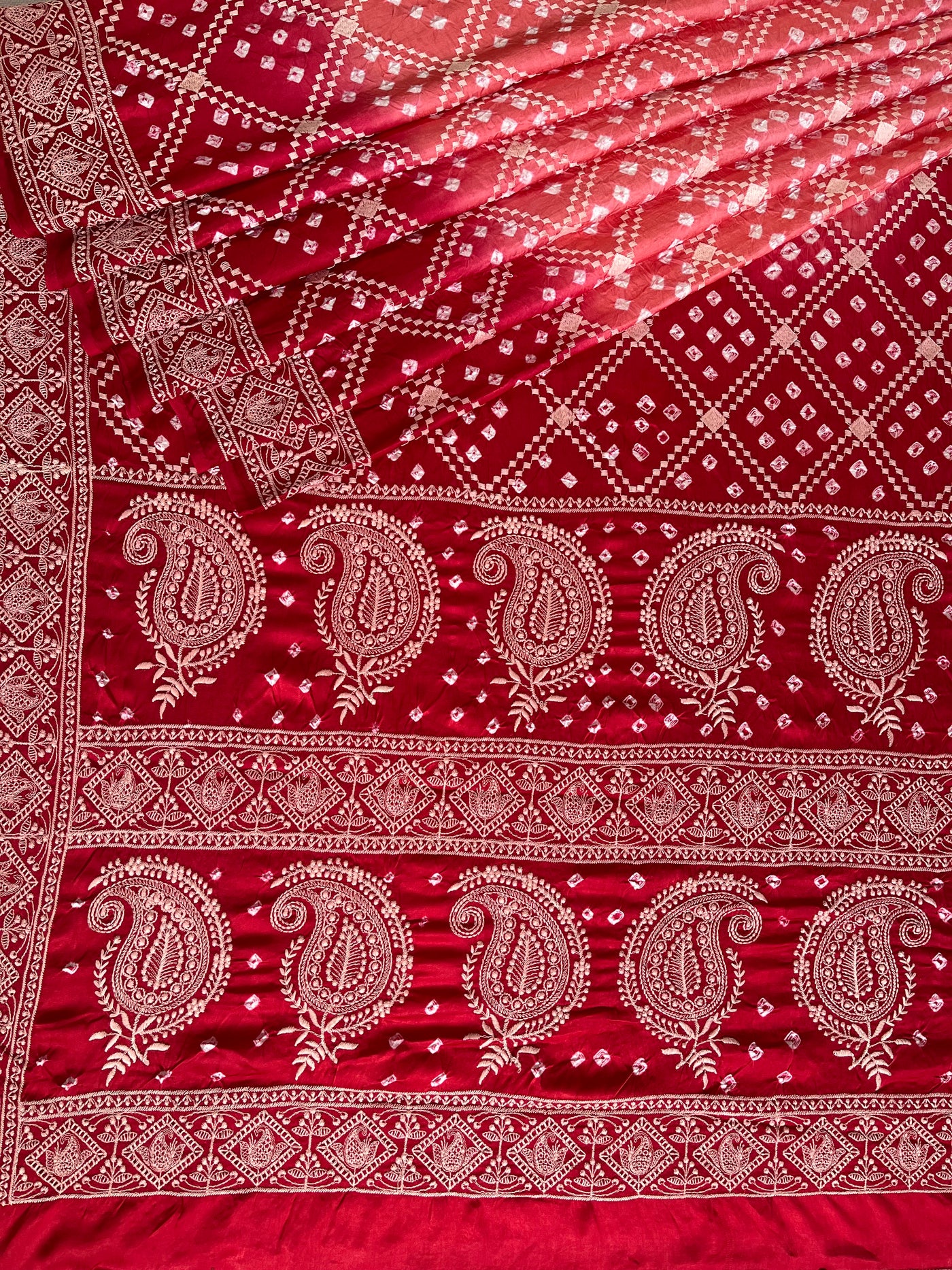 SHRAVI: Handmade Bandhani Modal Silk Saree With Thread Embroidery Work