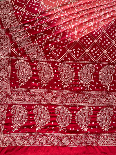 SHRAVI: Handmade Bandhani Modal Silk Saree With Thread Embroidery Work