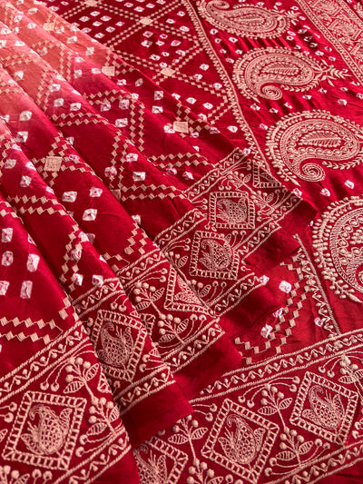SHRAVI: Handmade Bandhani Modal Silk Saree With Thread Embroidery Work