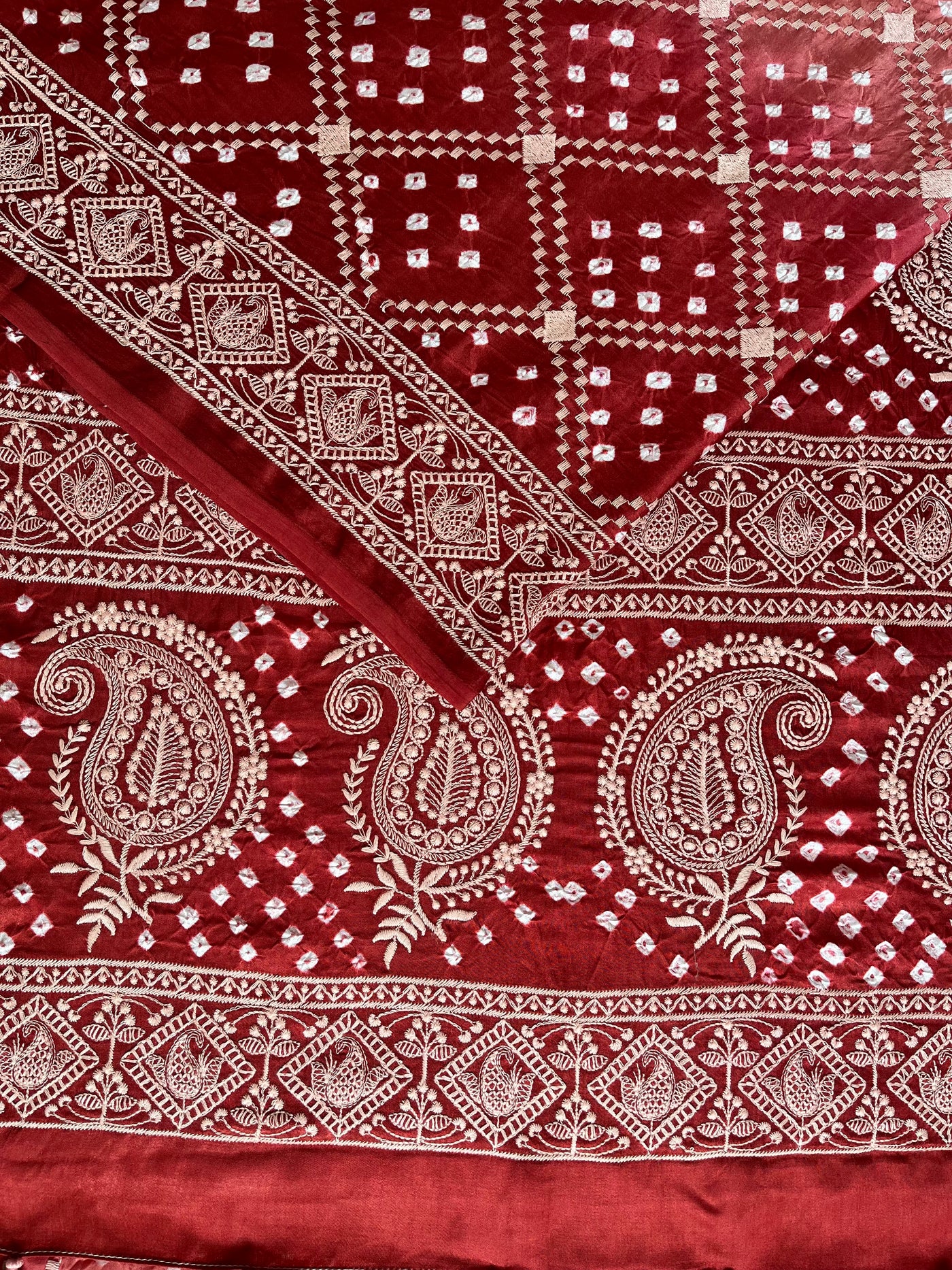 MILAN: Handmade Bandhani Modal Silk Saree With Thread Embroidery Work