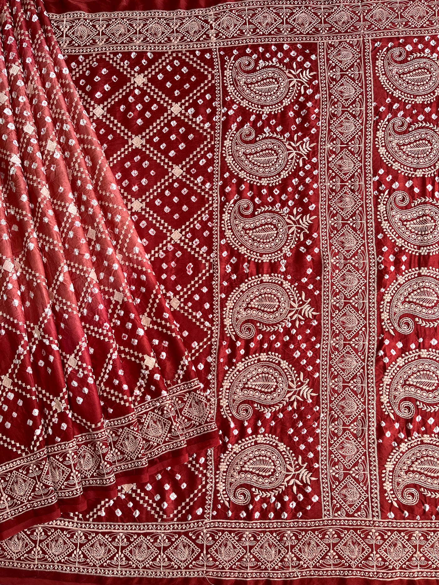 MILAN: Handmade Bandhani Modal Silk Saree With Thread Embroidery Work
