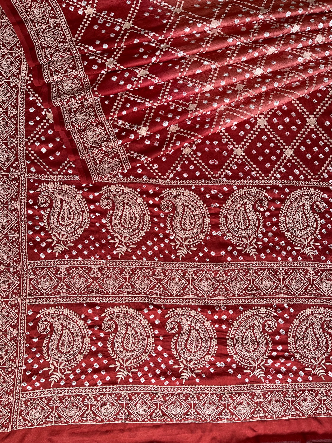 MILAN: Handmade Bandhani Modal Silk Saree With Thread Embroidery Work