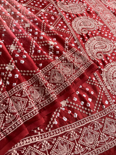 MILAN: Handmade Bandhani Modal Silk Saree With Thread Embroidery Work