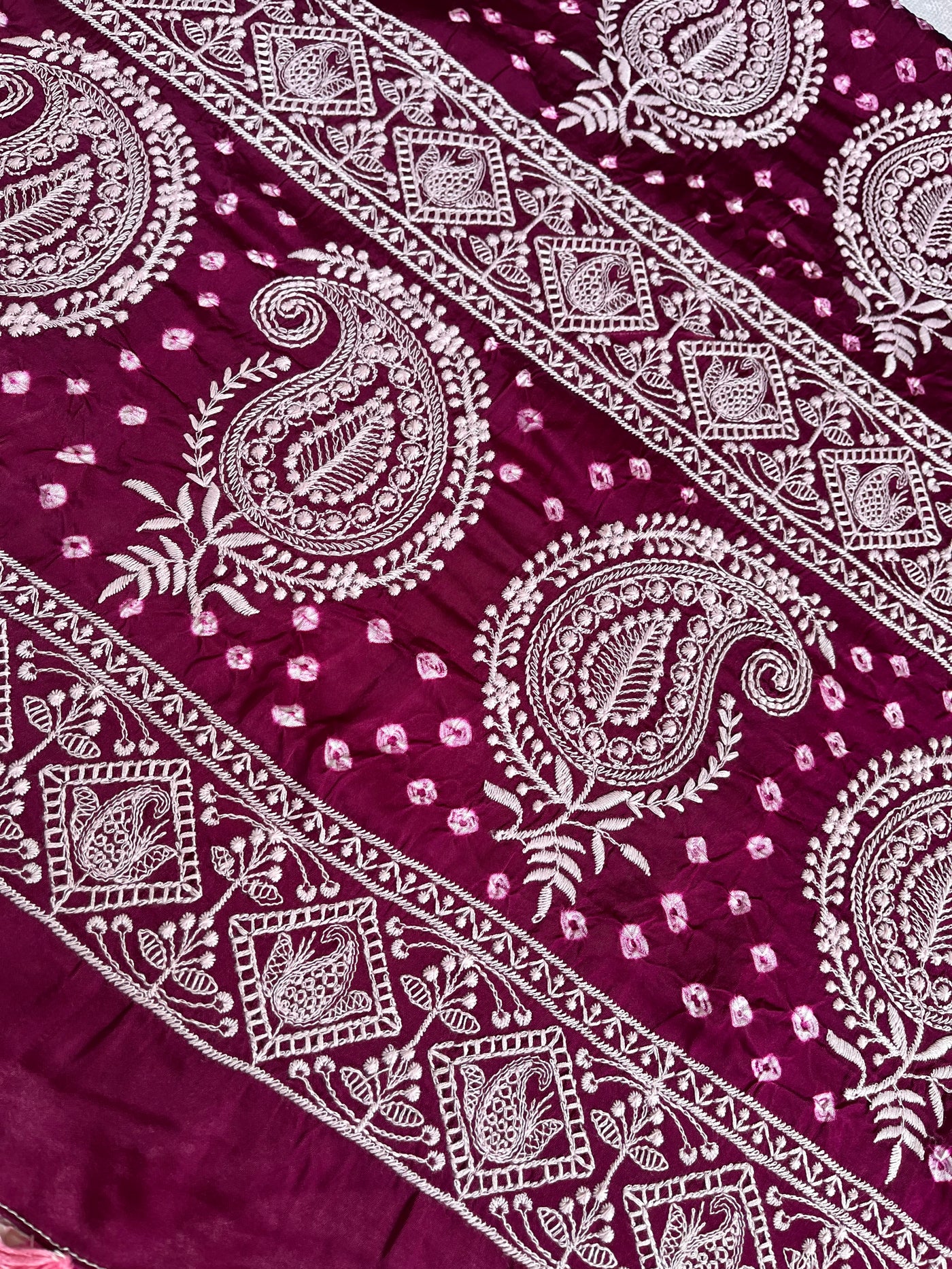 BULBUL : Handmade Bandhani Modal Silk Saree With Thread Embroidery Work