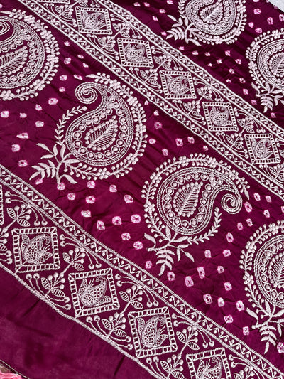 BULBUL : Handmade Bandhani Modal Silk Saree With Thread Embroidery Work
