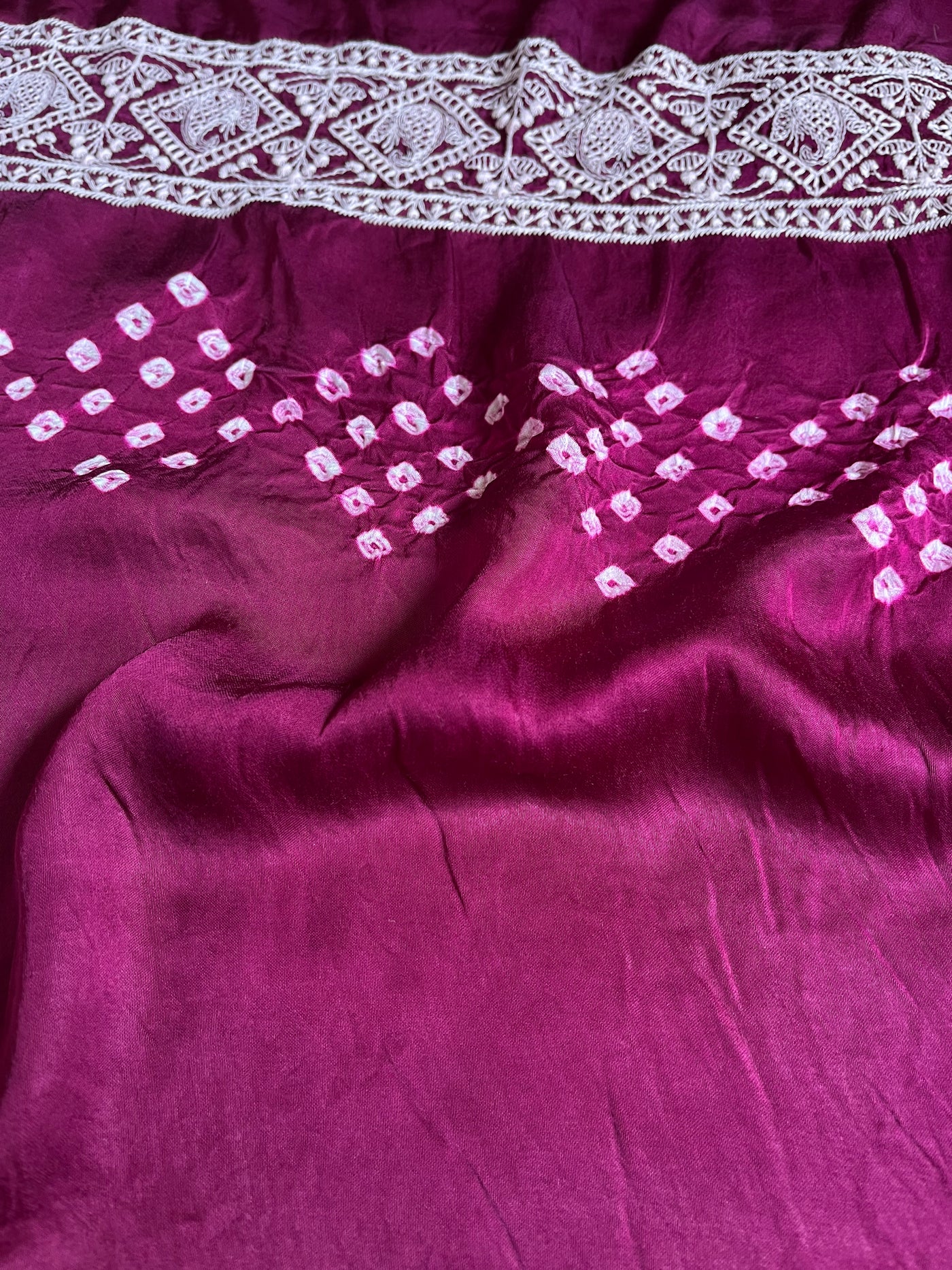 BULBUL : Handmade Bandhani Modal Silk Saree With Thread Embroidery Work