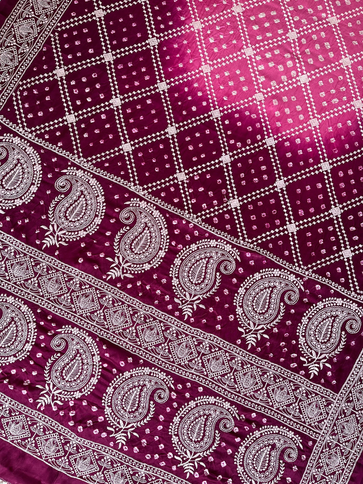 BULBUL : Handmade Bandhani Modal Silk Saree With Thread Embroidery Work