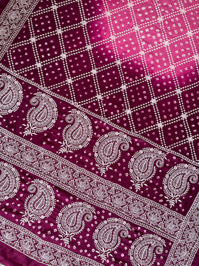 BULBUL : Handmade Bandhani Modal Silk Saree With Thread Embroidery Work