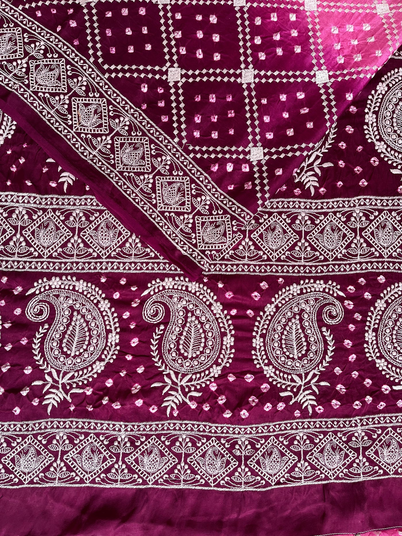 BULBUL : Handmade Bandhani Modal Silk Saree With Thread Embroidery Work