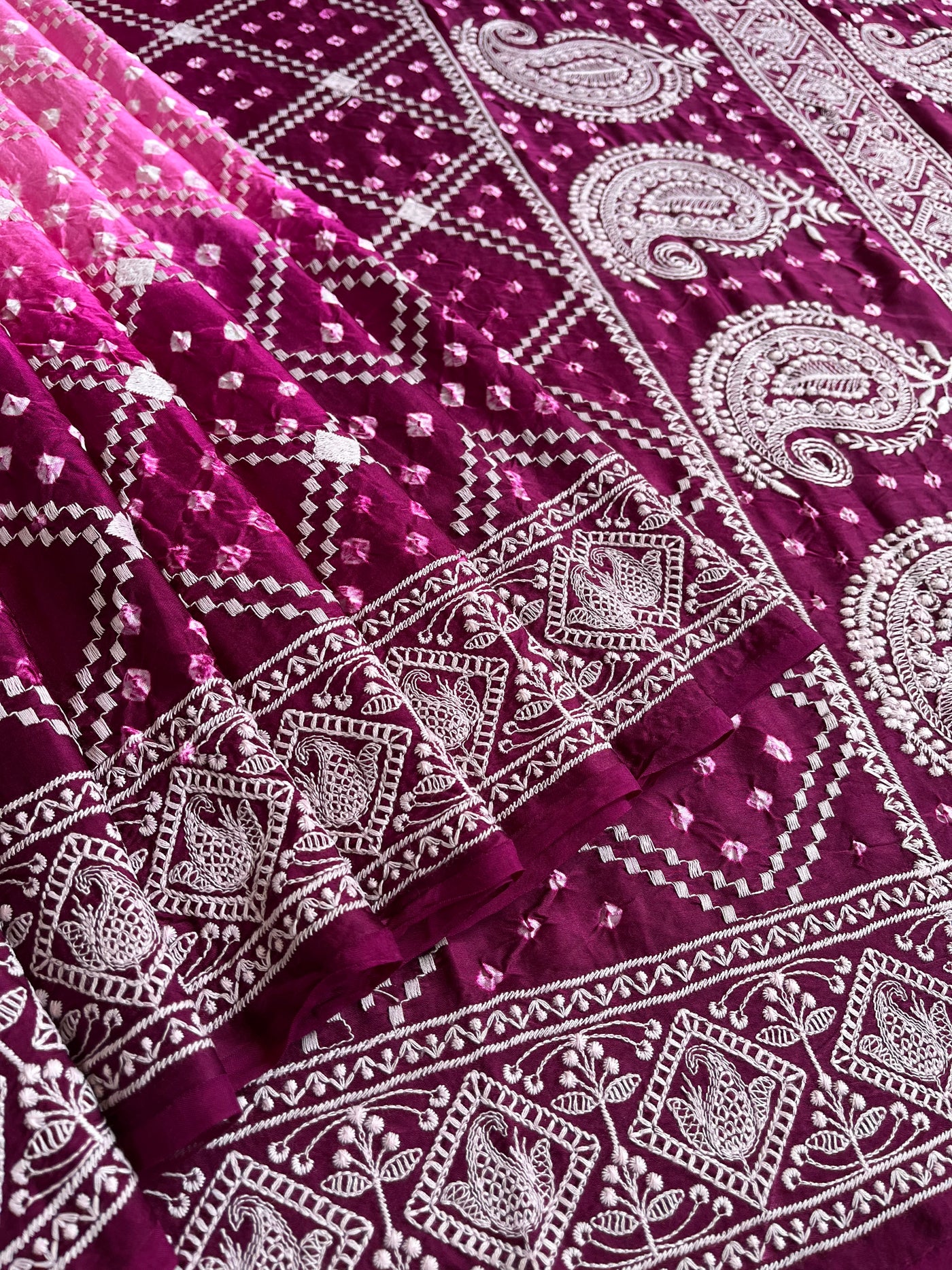 BULBUL : Handmade Bandhani Modal Silk Saree With Thread Embroidery Work