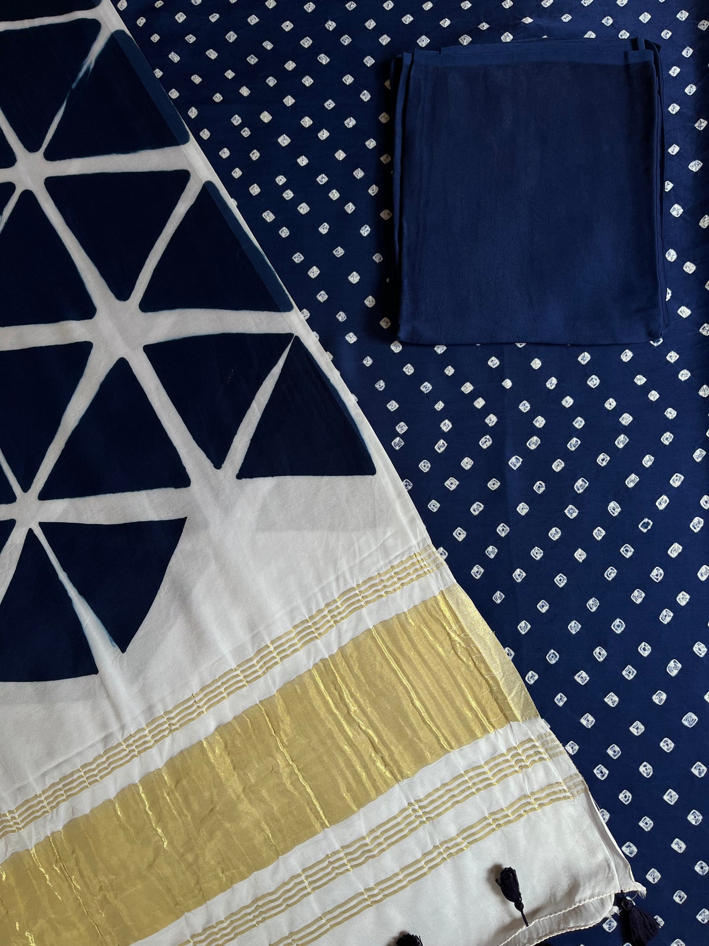 YASHIKA :Handmade Designer Bandhnai- Clamp Modal Silk 3 Piece Suit Set.