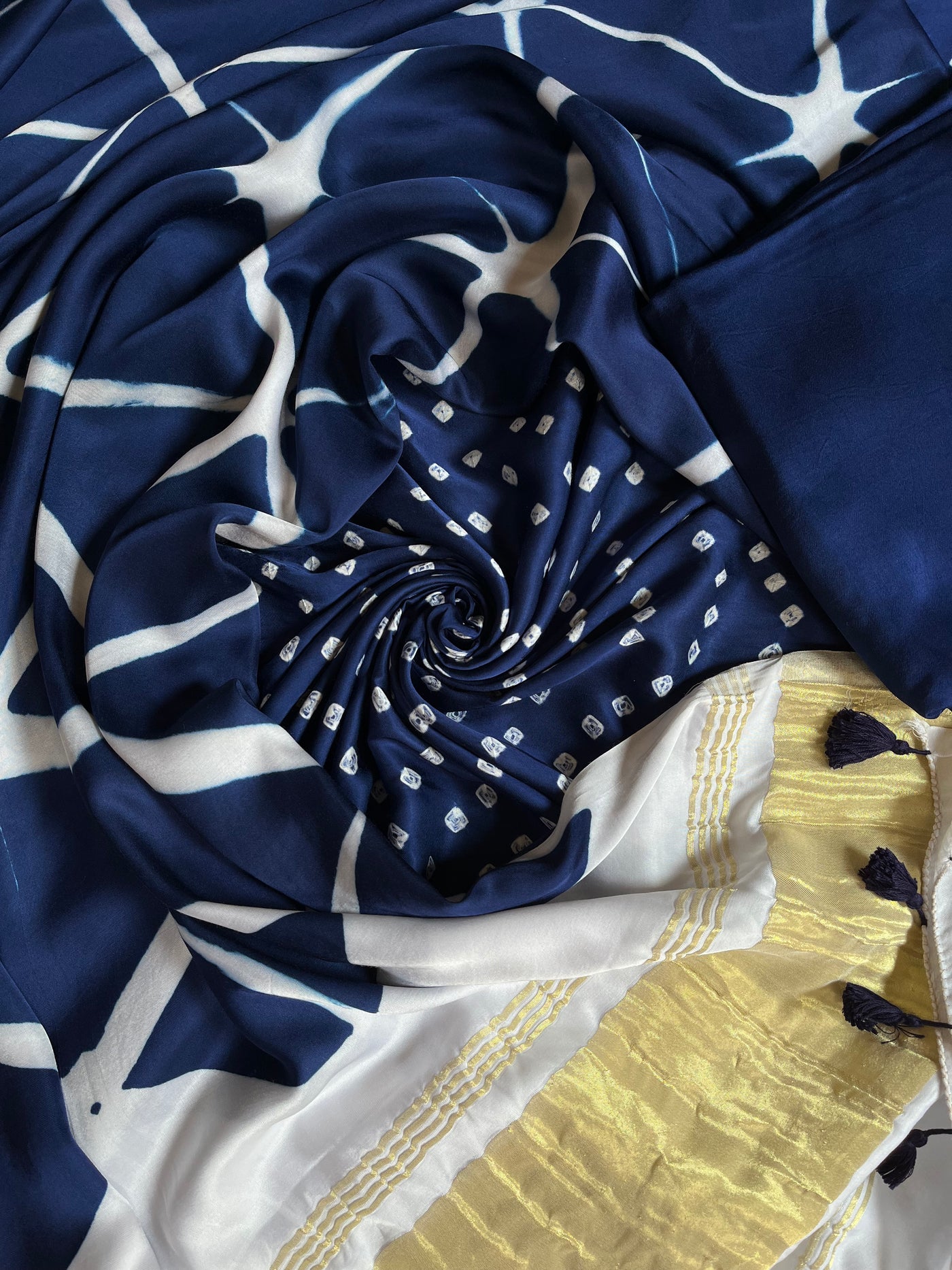 YASHIKA :Handmade Designer Bandhnai- Clamp Modal Silk 3 Piece Suit Set.