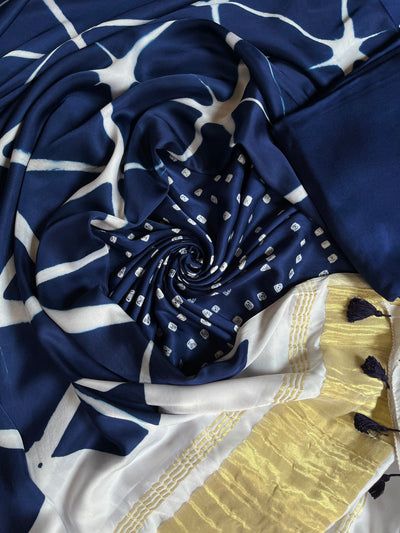 YASHIKA :Handmade Designer Bandhnai- Clamp Modal Silk 3 Piece Suit Set.