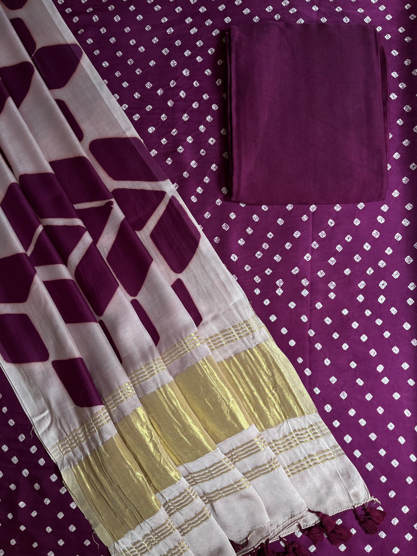 SHRUTI :Handmade Designer Bandhnai- Clamp Modal Silk 3 Piece Suit Set.