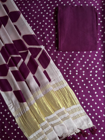 SHRUTI :Handmade Designer Bandhnai- Clamp Modal Silk 3 Piece Suit Set.
