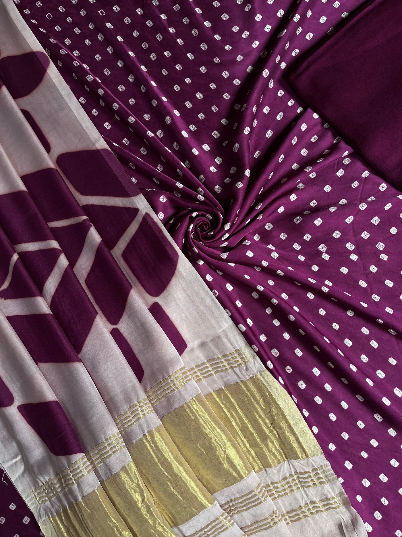 SHRUTI :Handmade Designer Bandhnai- Clamp Modal Silk 3 Piece Suit Set.