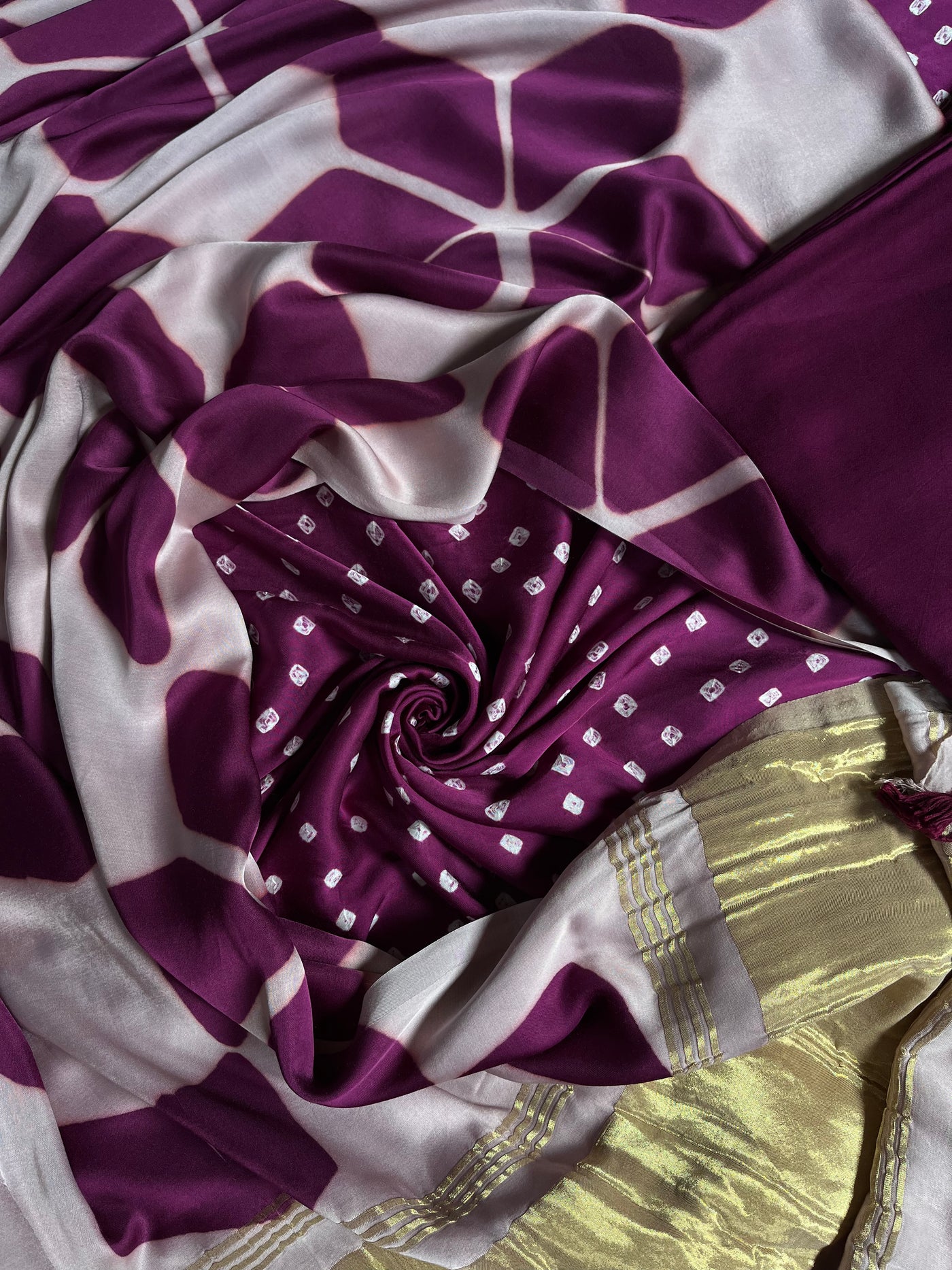 SHRUTI :Handmade Designer Bandhnai- Clamp Modal Silk 3 Piece Suit Set.