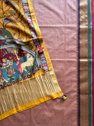 MAYURI:PINKISH BROWN,HANDDRAWN&HANDPAINTED PENKALAMKARI CHANDERI TISSUE DUPATTA WITH KANCHIPURAM COTTON SUIT SET