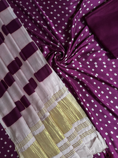 SHRADDHA :Handmade Designer Bandhnai- Clamp Modal Silk 3 Piece Suit Set.