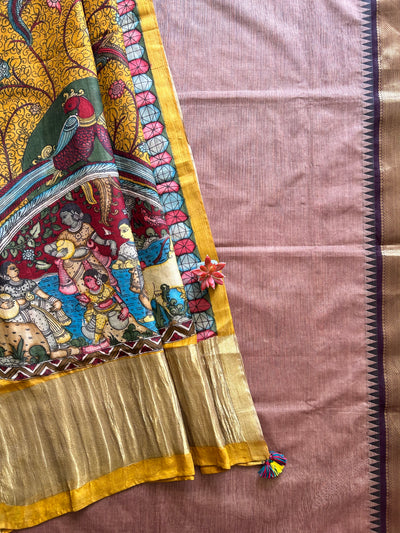 MAYURI:PINKISH BROWN,HANDDRAWN&HANDPAINTED PENKALAMKARI CHANDERI TISSUE DUPATTA WITH KANCHIPURAM COTTON SUIT SET