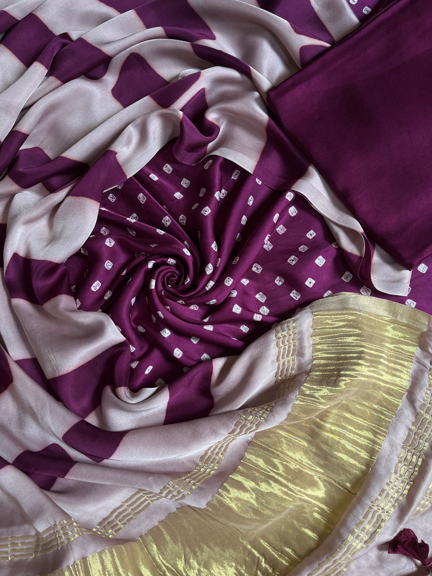 SHRADDHA :Handmade Designer Bandhnai- Clamp Modal Silk 3 Piece Suit Set.