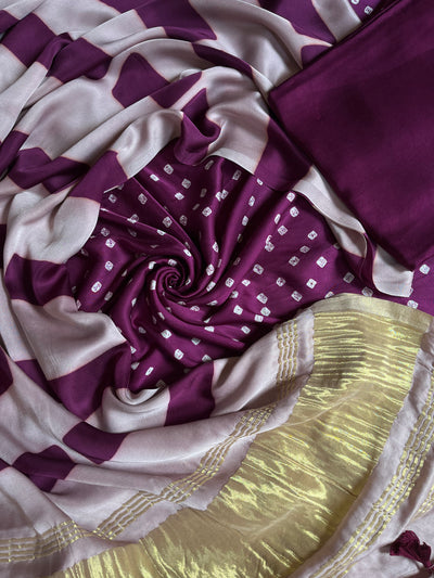 SHRADDHA :Handmade Designer Bandhnai- Clamp Modal Silk 3 Piece Suit Set.
