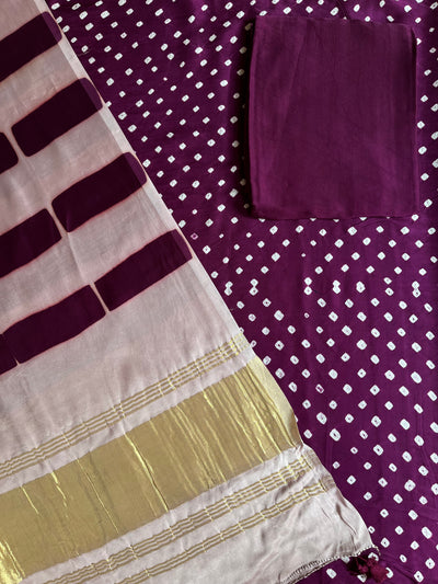 SHRADDHA :Handmade Designer Bandhnai- Clamp Modal Silk 3 Piece Suit Set.