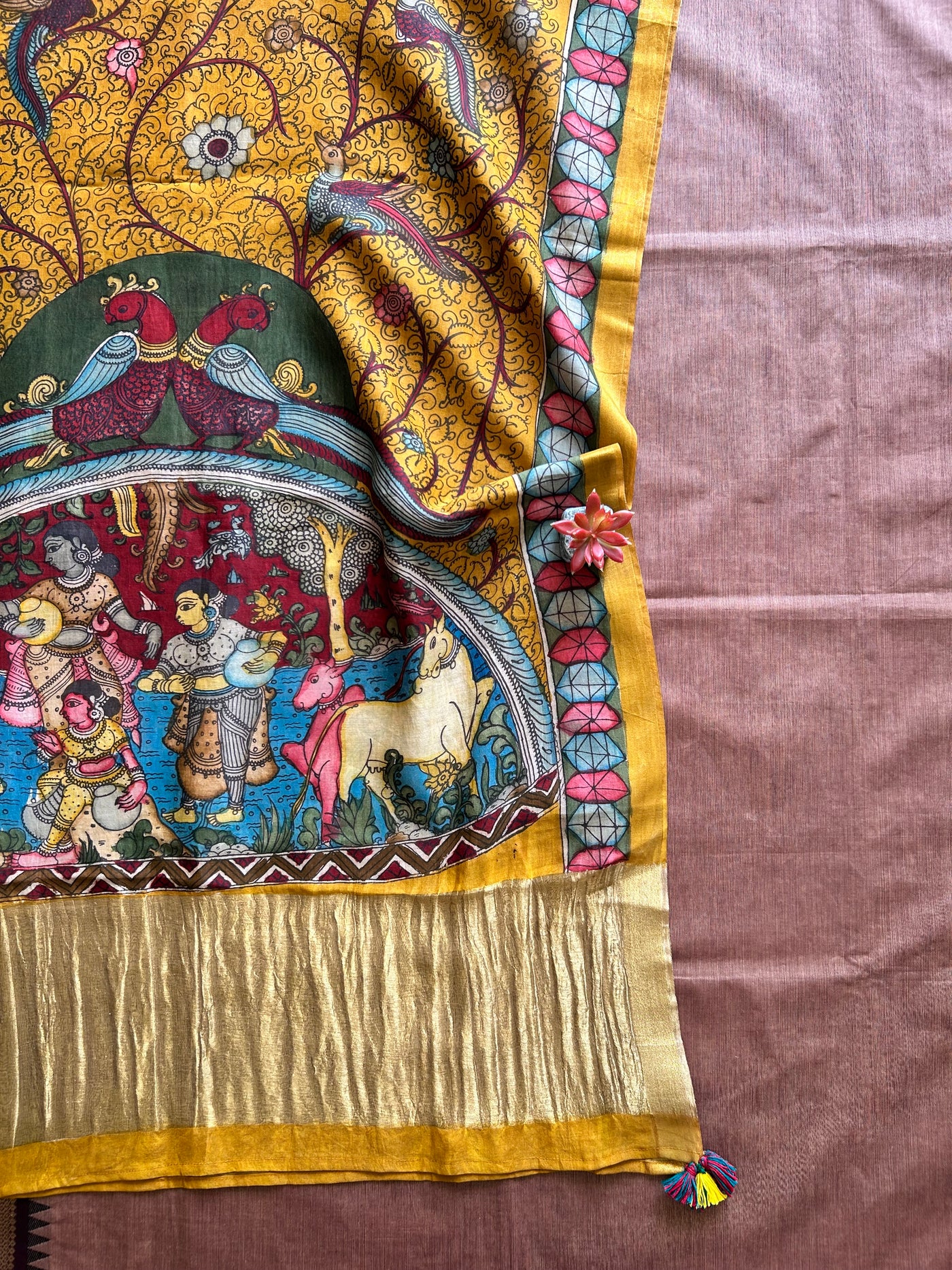 MAYURI:PINKISH BROWN,HANDDRAWN&HANDPAINTED PENKALAMKARI CHANDERI TISSUE DUPATTA WITH KANCHIPURAM COTTON SUIT SET