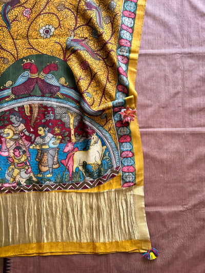 MAYURI:PINKISH BROWN,HANDDRAWN&HANDPAINTED PENKALAMKARI CHANDERI TISSUE DUPATTA WITH KANCHIPURAM COTTON SUIT SET