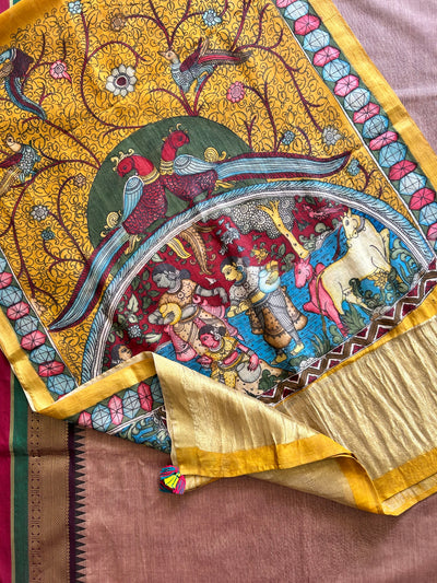 MAYURI:PINKISH BROWN,HANDDRAWN&HANDPAINTED PENKALAMKARI CHANDERI TISSUE DUPATTA WITH KANCHIPURAM COTTON SUIT SET
