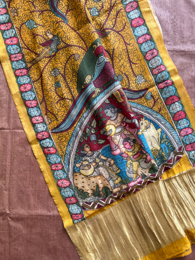 MAYURI:PINKISH BROWN,HANDDRAWN&HANDPAINTED PENKALAMKARI CHANDERI TISSUE DUPATTA WITH KANCHIPURAM COTTON SUIT SET