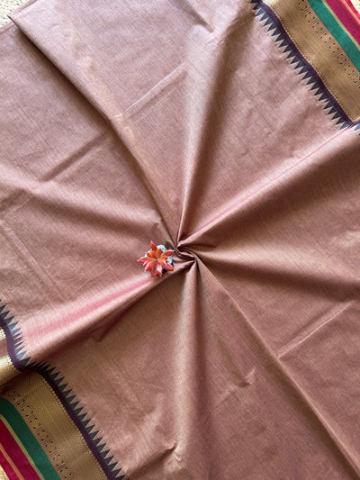 MAYURI:PINKISH BROWN,HANDDRAWN&HANDPAINTED PENKALAMKARI CHANDERI TISSUE DUPATTA WITH KANCHIPURAM COTTON SUIT SET